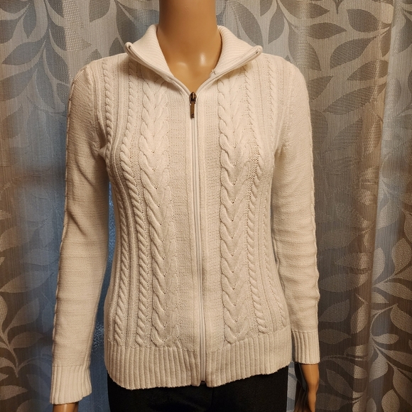 Chaps White Cable Knit Ribbed Zip-Up Sweater Size XS - Picture 13 of 13